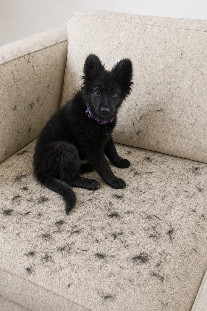 Kala sentada en un sillón claro lleno de pelos negros