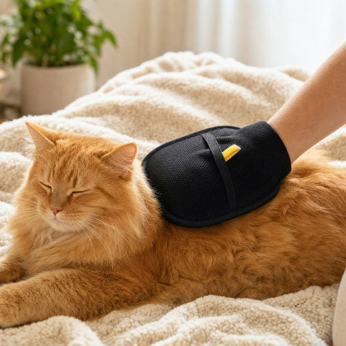 Guante quita pelos usado sobre un gato
