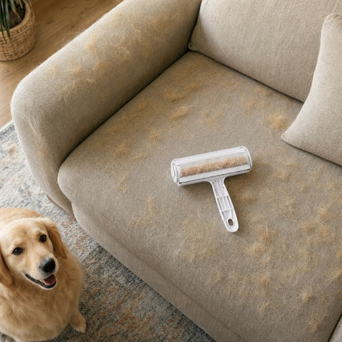 Rodillo quita pelos FIRU sobre un sillón con pelo de perro